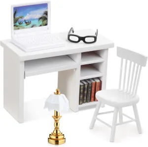 10 Pcs Miniature Dollhouse Furniture Accessories Include Mini Laptop Computer Miniature Book Office Table Wooden Mini Dollhouse Furniture 1/12 Scale Miniatures Model Set (White)