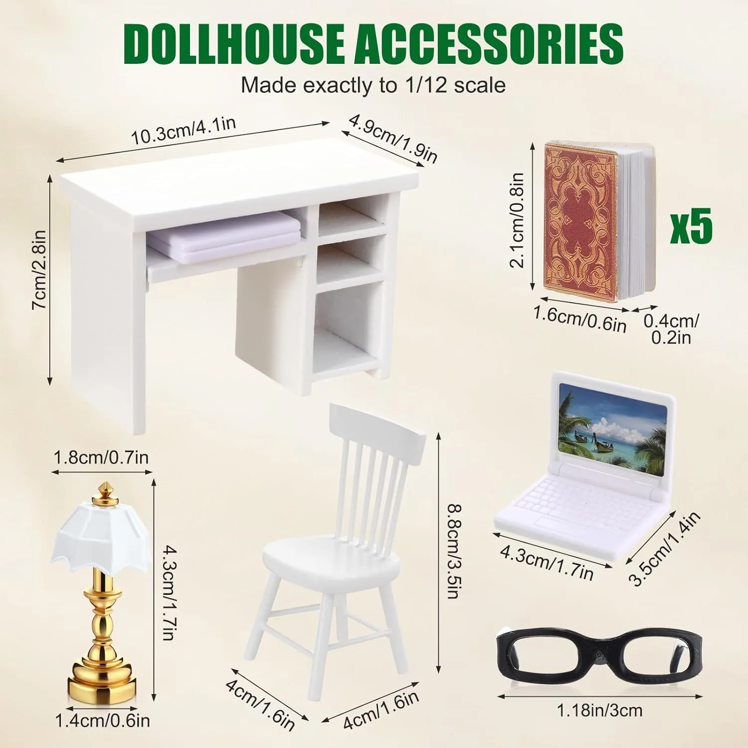10 Pcs Miniature Dollhouse Furniture Accessories Include Mini Laptop Computer Miniature Book Office Table Wooden Mini Dollhouse Furniture 1/12 Scale Miniatures Model Set (White)