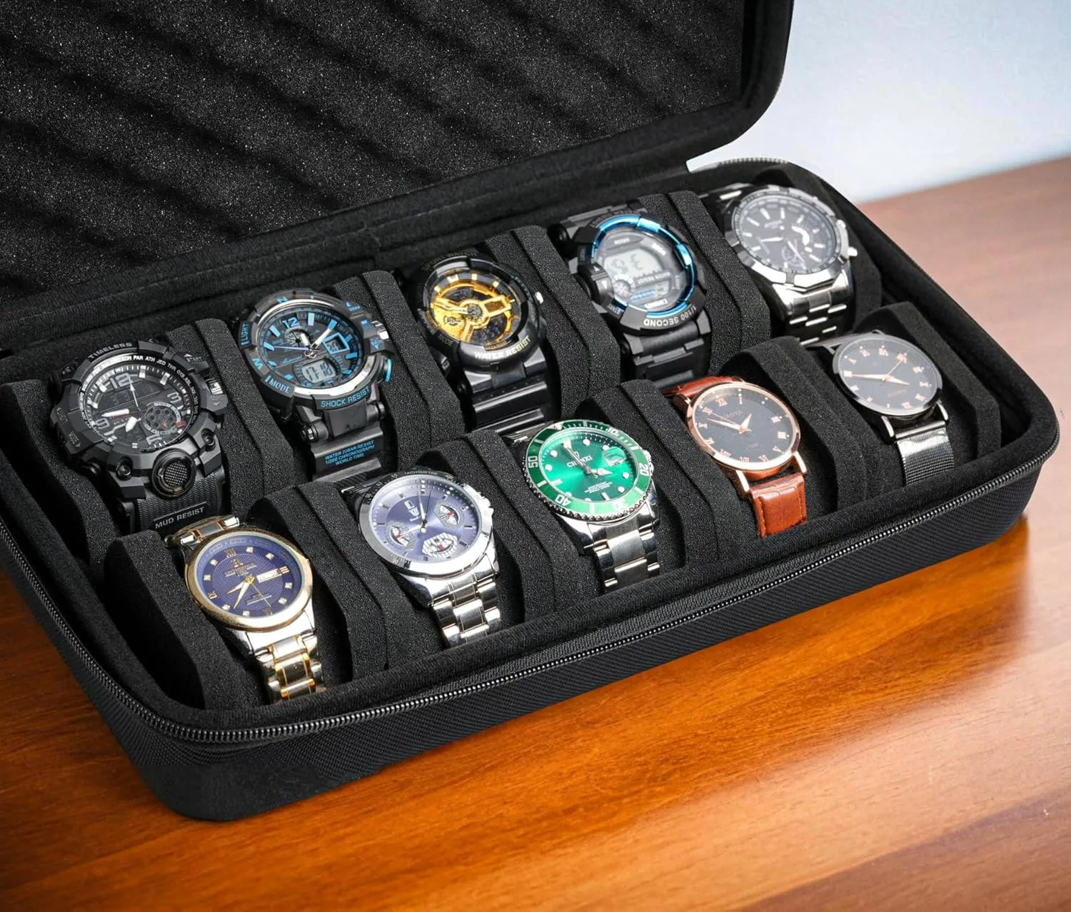 10 slots watch travel case, Hard Portable watch carry storage display organizer box, fit watches up to 55mm face