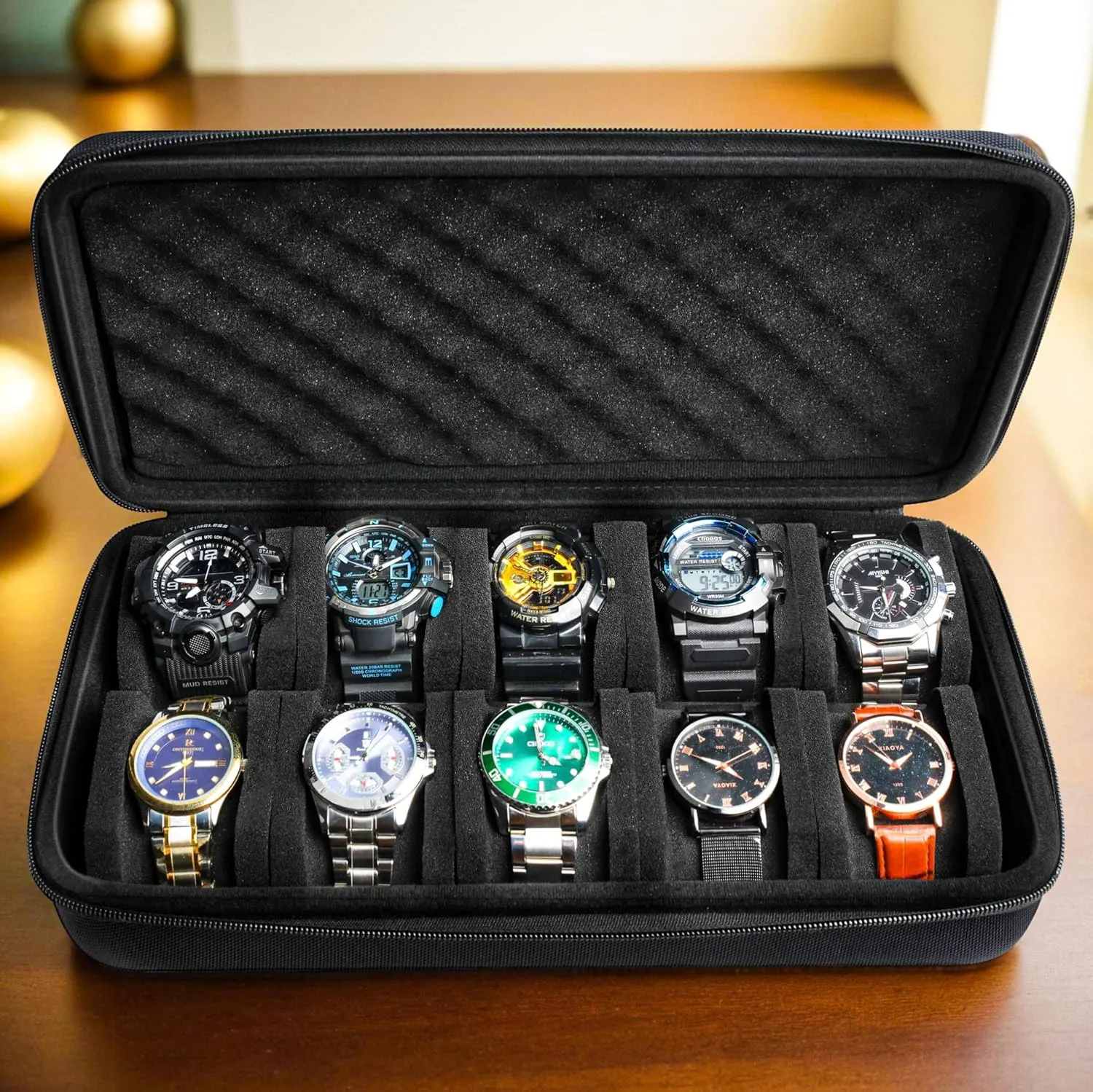 10 slots watch travel case, Hard Portable watch carry storage display organizer box, fit watches up to 55mm face