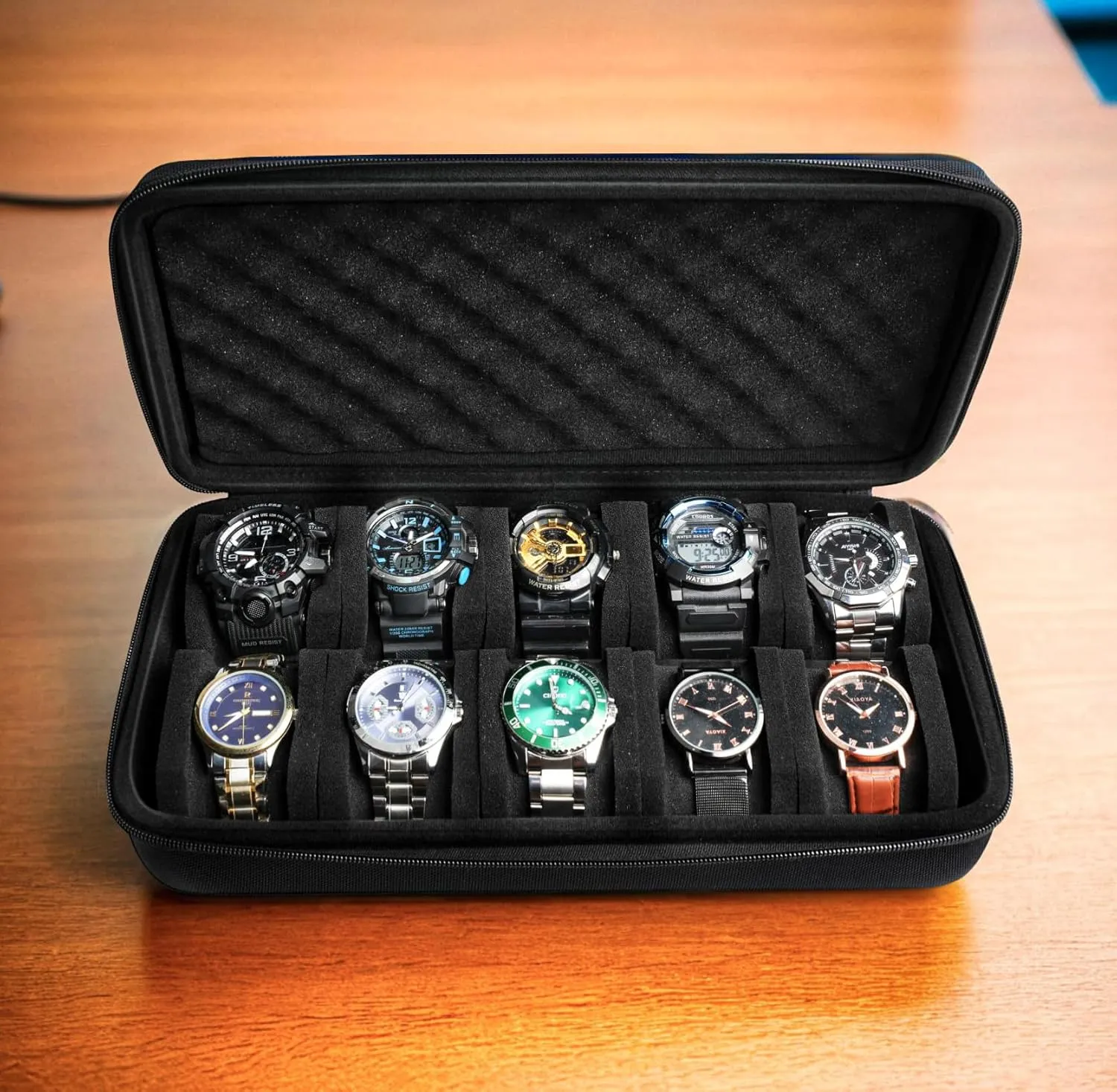 10 slots watch travel case, Hard Portable watch carry storage display organizer box, fit watches up to 55mm face