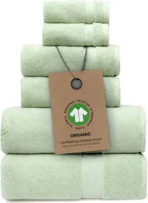 100% Organic Zero-Twist Cotton Towels - GOTS Certified Luxury Bath Towels - Ultra Soft & Plush 700GSM Long-Staple Cotton - 6 Piece Towel Set (Eucalyptus Green)