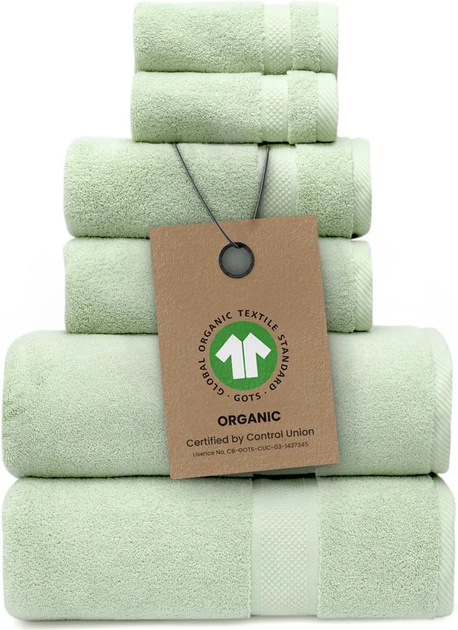 100% Organic Zero-Twist Cotton Towels - GOTS Certified Luxury Bath Towels - Ultra Soft & Plush 700GSM Long-Staple Cotton - 6 Piece Towel Set (Eucalyptus Green)