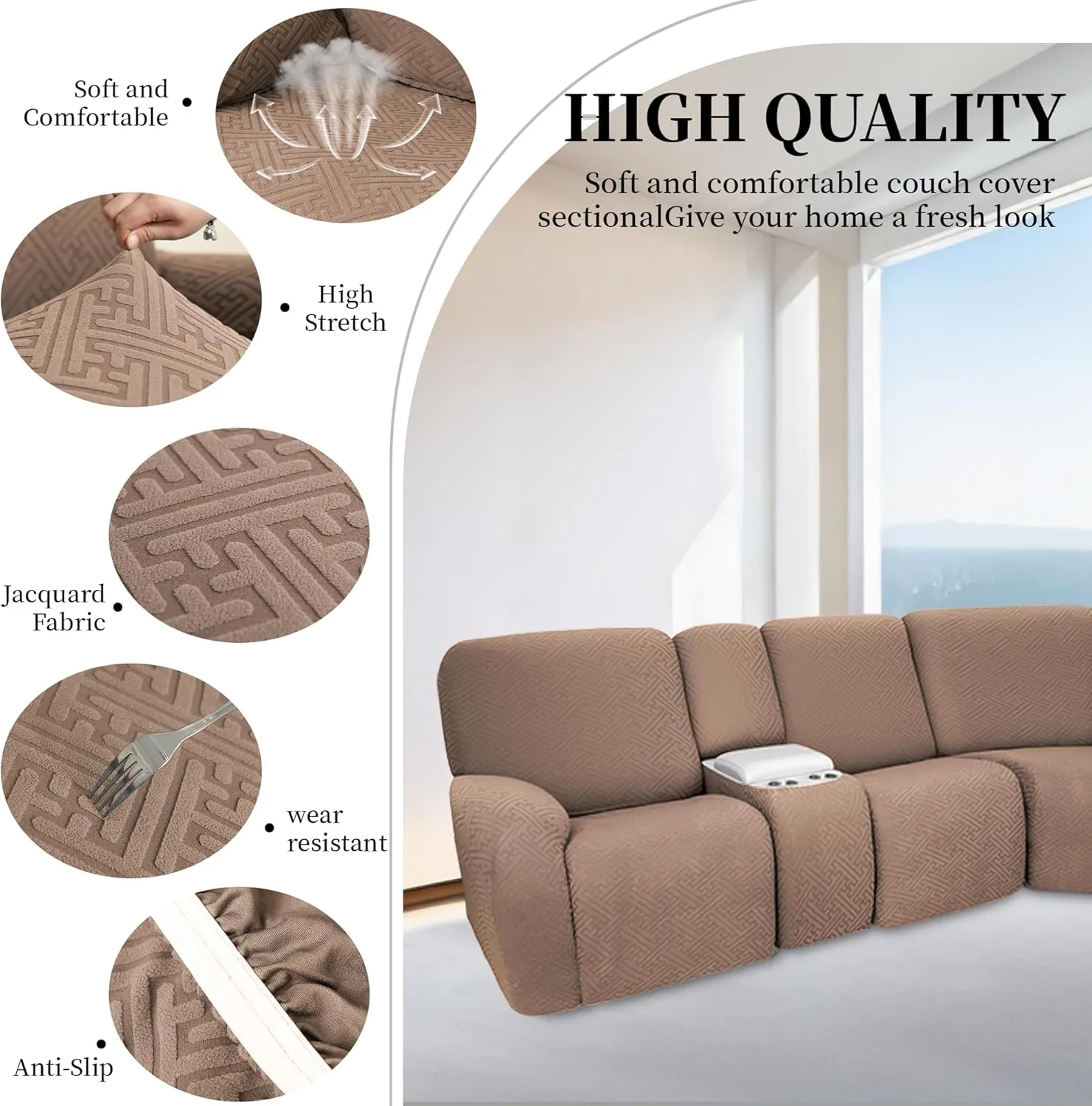 100% Waterproof Sectional Recliner Couch Covers for Reclining Couch L Shaped Corner Sectional Sofa Cover Jacquard Stretch L Shape Recliner Slipcovers (5 Seater 1 Console Cover, Light Coffee)