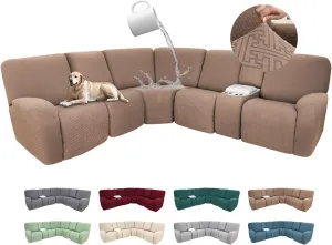 100% Waterproof Sectional Recliner Couch Covers for Reclining Couch L Shaped Corner Sectional Sofa Cover Jacquard Stretch L Shape Recliner Slipcovers (5 Seater 1 Console Cover, Light Coffee)