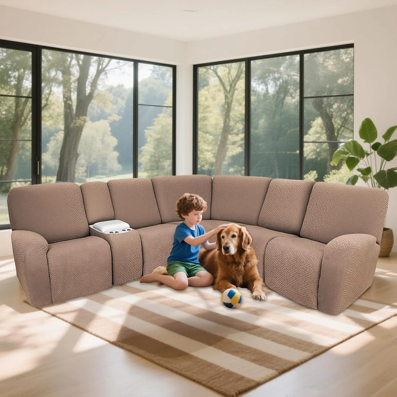 100% Waterproof Sectional Recliner Couch Covers for Reclining Couch L Shaped Corner Sectional Sofa Cover Jacquard Stretch L Shape Recliner Slipcovers (5 Seater 1 Console Cover, Light Coffee)