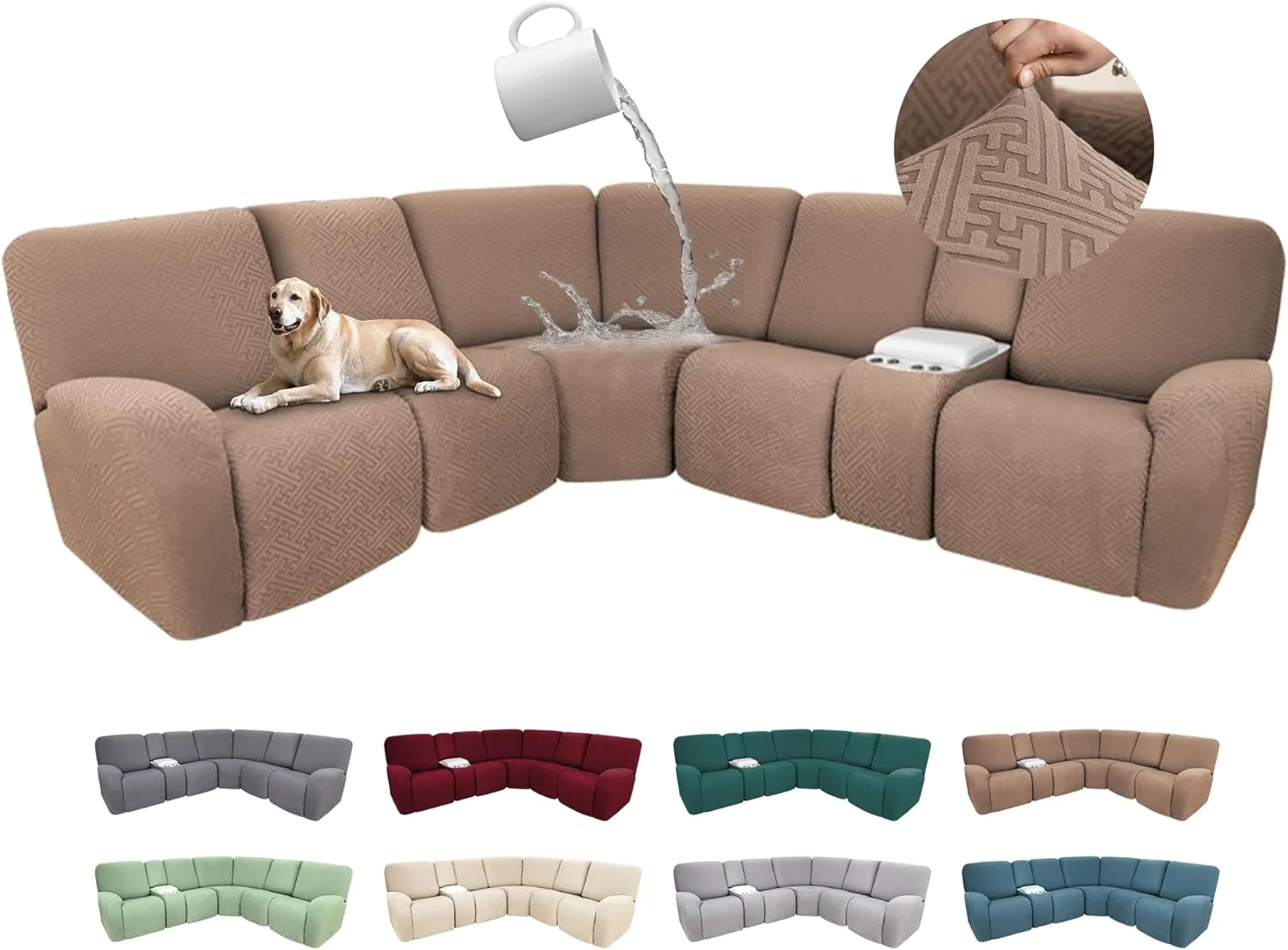 100% Waterproof Sectional Recliner Couch Covers for Reclining Couch L Shaped Corner Sectional Sofa Cover Jacquard Stretch L Shape Recliner Slipcovers (5 Seater 1 Console Cover, Light Coffee)