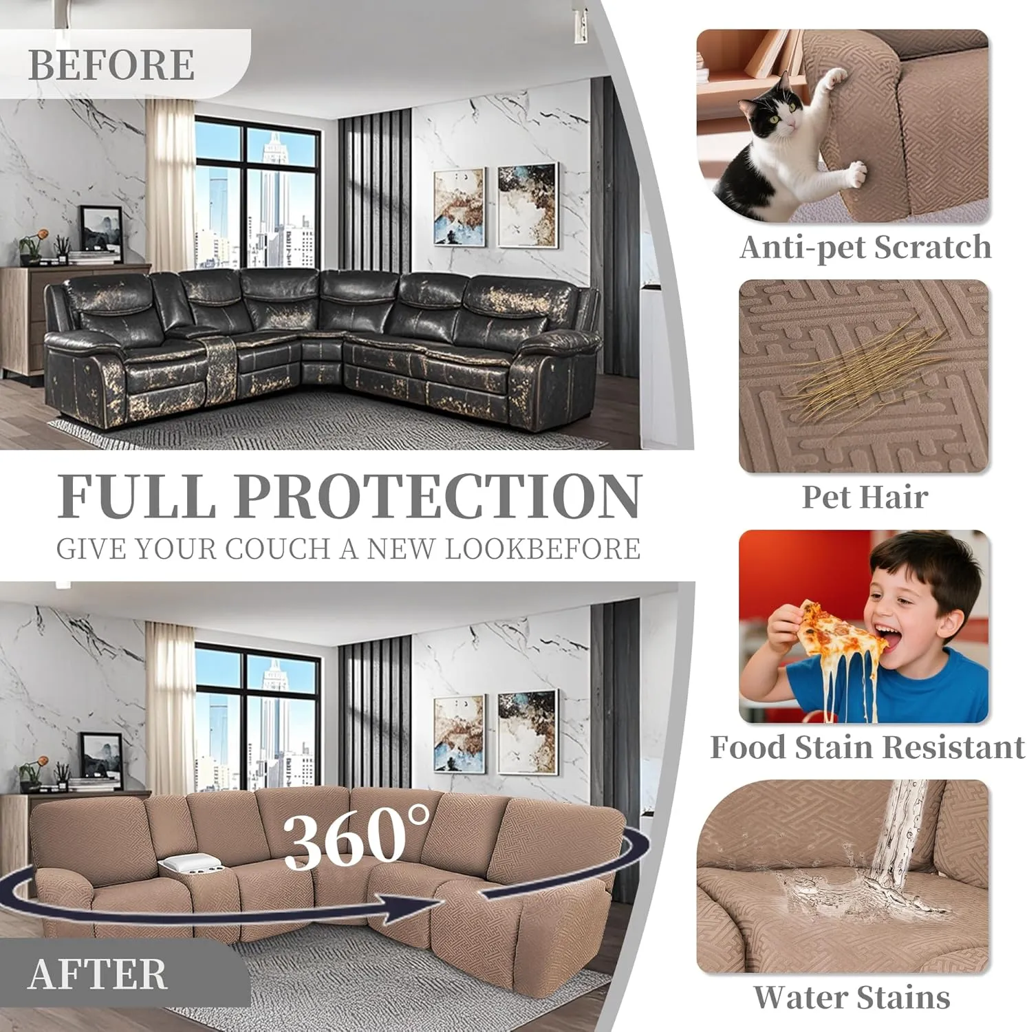 100% Waterproof Sectional Recliner Couch Covers for Reclining Couch L Shaped Corner Sectional Sofa Cover Jacquard Stretch L Shape Recliner Slipcovers (5 Seater 1 Console Cover, Light Coffee)
