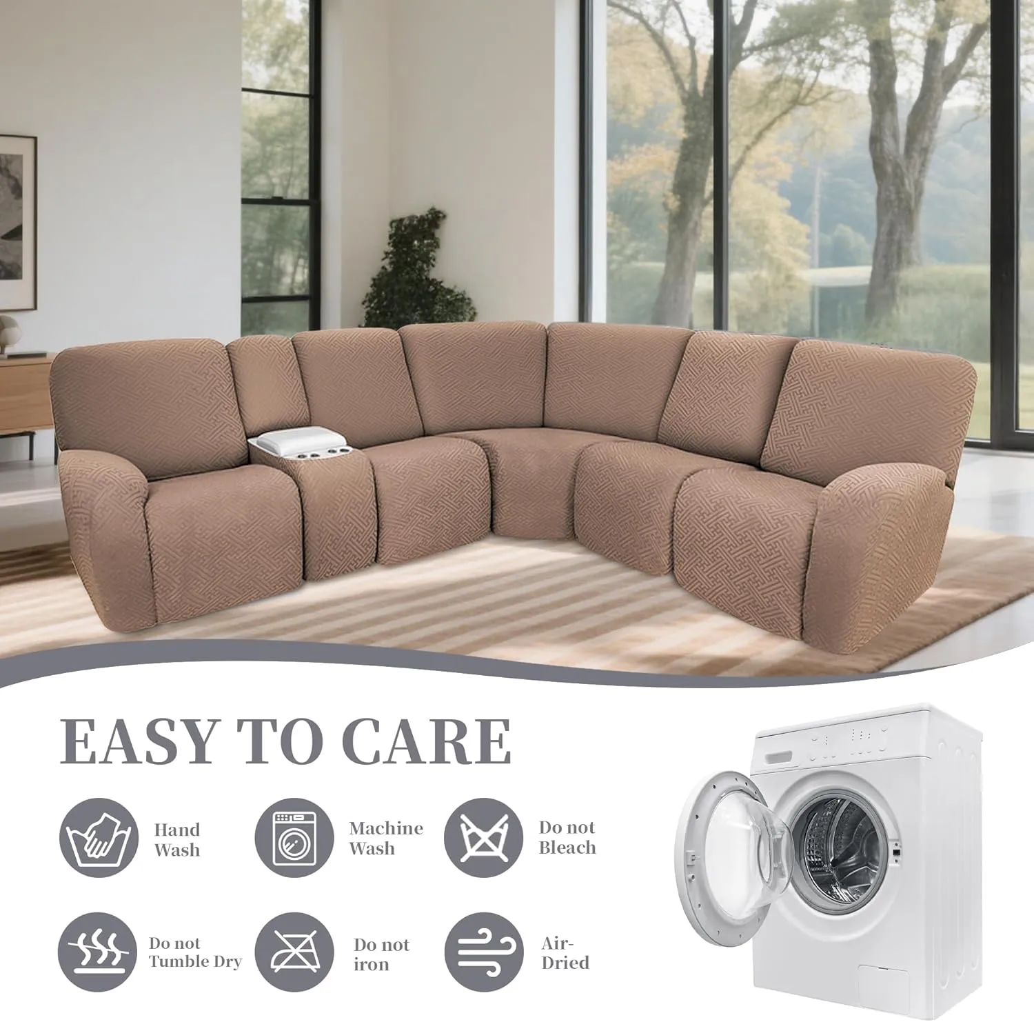 100% Waterproof Sectional Recliner Couch Covers for Reclining Couch L Shaped Corner Sectional Sofa Cover Jacquard Stretch L Shape Recliner Slipcovers (5 Seater 1 Console Cover, Light Coffee)