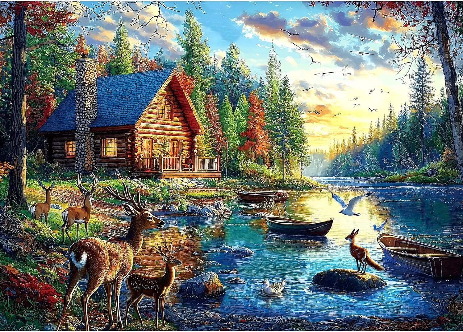 1000 Piece Lake Lodge & Elk Jigsaw Puzzle - Challenging Mountain Wildlife Scene for Adults & Families, Nature Landscape Art