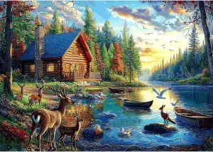 1000 Piece Lake Lodge & Elk Jigsaw Puzzle - Challenging Mountain Wildlife Scene for Adults & Families, Nature Landscape Art