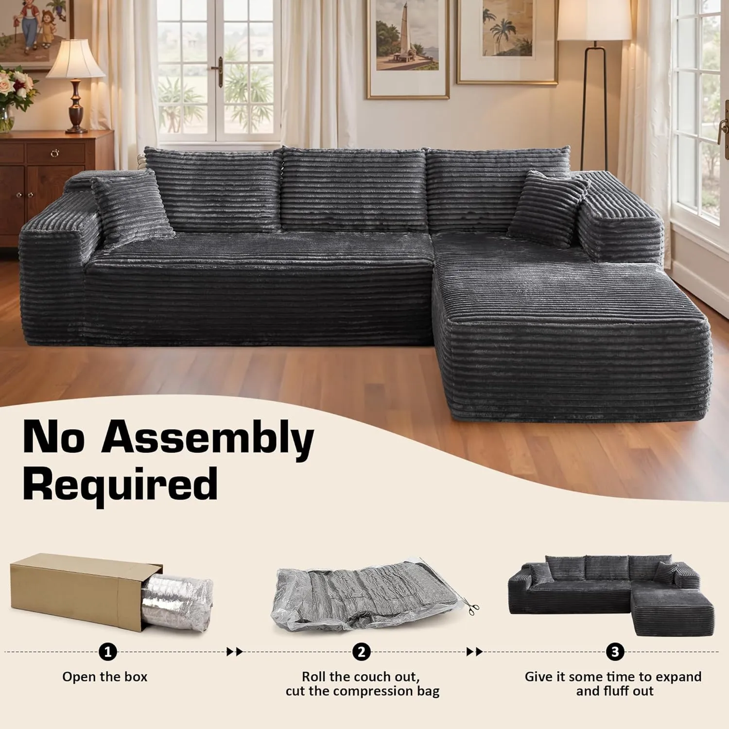 106" Cloud Sectional Couch with Chaise Lounge,L Shaped Modular Modern Sofa,Comfy Corduroy Fluffy Sofa with Deep Seat,No Assembly Required Couch for Living Room(Right,Plush Corduroy,Gray)