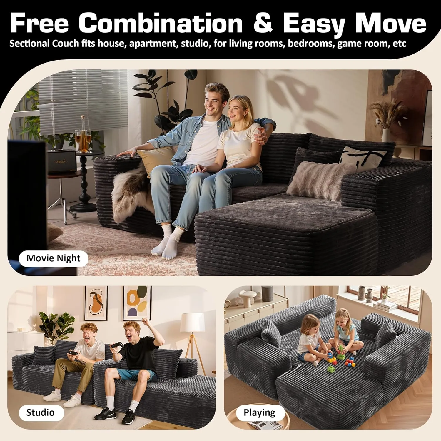 106" Cloud Sectional Couch with Chaise Lounge,L Shaped Modular Modern Sofa,Comfy Corduroy Fluffy Sofa with Deep Seat,No Assembly Required Couch for Living Room(Right,Plush Corduroy,Gray)