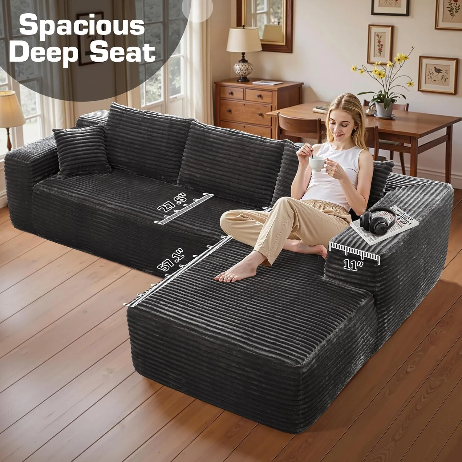106" Cloud Sectional Couch with Chaise Lounge,L Shaped Modular Modern Sofa,Comfy Corduroy Fluffy Sofa with Deep Seat,No Assembly Required Couch for Living Room(Right,Plush Corduroy,Gray)