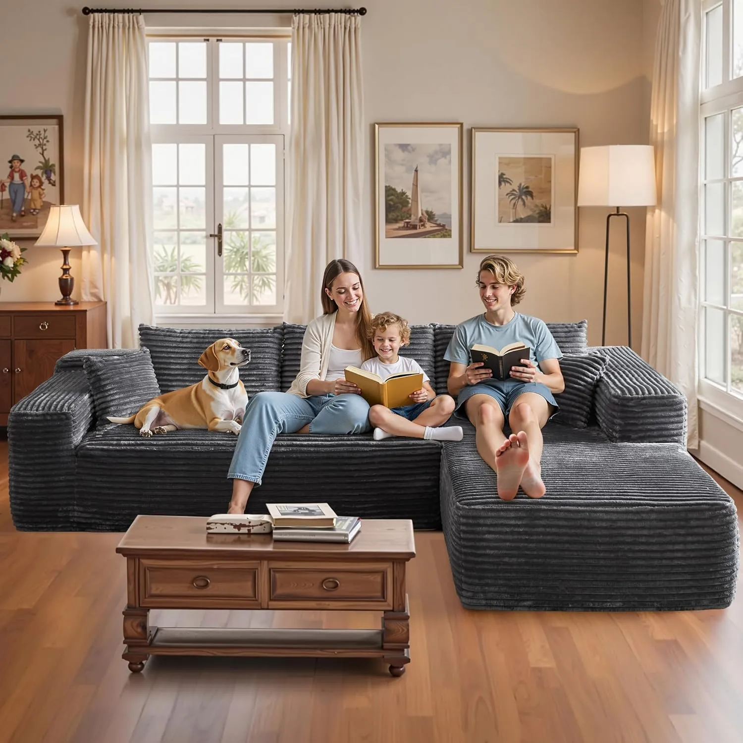 106" Cloud Sectional Couch with Chaise Lounge,L Shaped Modular Modern Sofa,Comfy Corduroy Fluffy Sofa with Deep Seat,No Assembly Required Couch for Living Room(Right,Plush Corduroy,Gray)