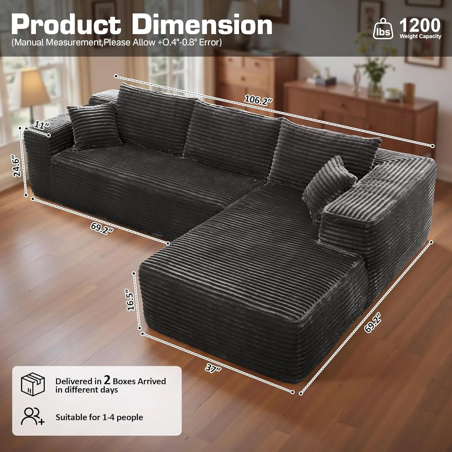106" Cloud Sectional Couch with Chaise Lounge,L Shaped Modular Modern Sofa,Comfy Corduroy Fluffy Sofa with Deep Seat,No Assembly Required Couch for Living Room(Right,Plush Corduroy,Gray)