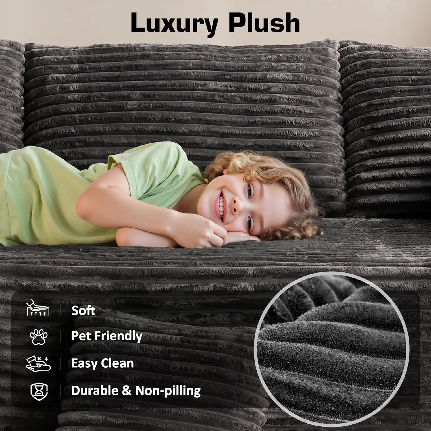 106" Cloud Sectional Couch with Chaise Lounge,L Shaped Modular Modern Sofa,Comfy Corduroy Fluffy Sofa with Deep Seat,No Assembly Required Couch for Living Room(Right,Plush Corduroy,Gray)