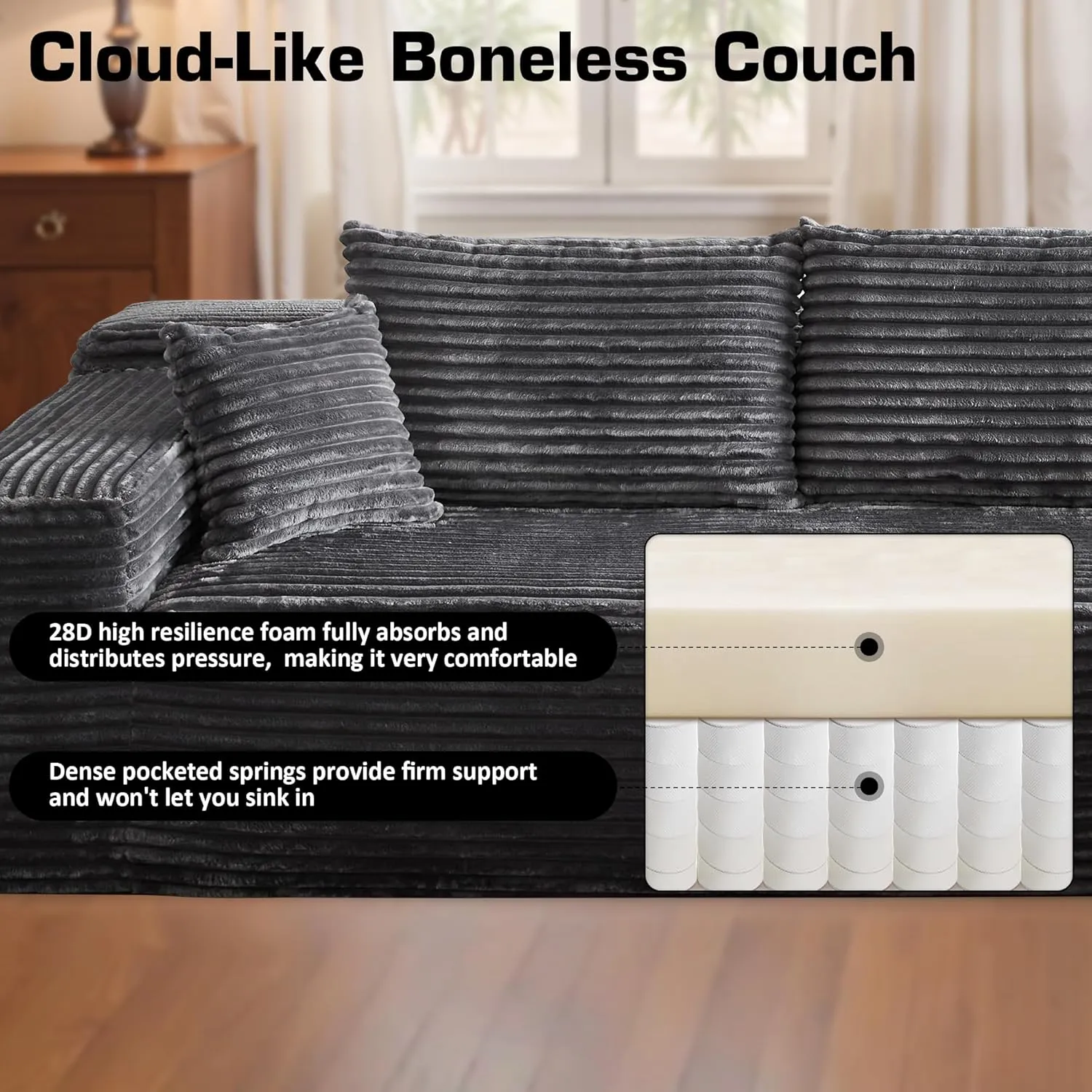 106" Cloud Sectional Couch with Chaise Lounge,L Shaped Modular Modern Sofa,Comfy Corduroy Fluffy Sofa with Deep Seat,No Assembly Required Couch for Living Room(Right,Plush Corduroy,Gray)