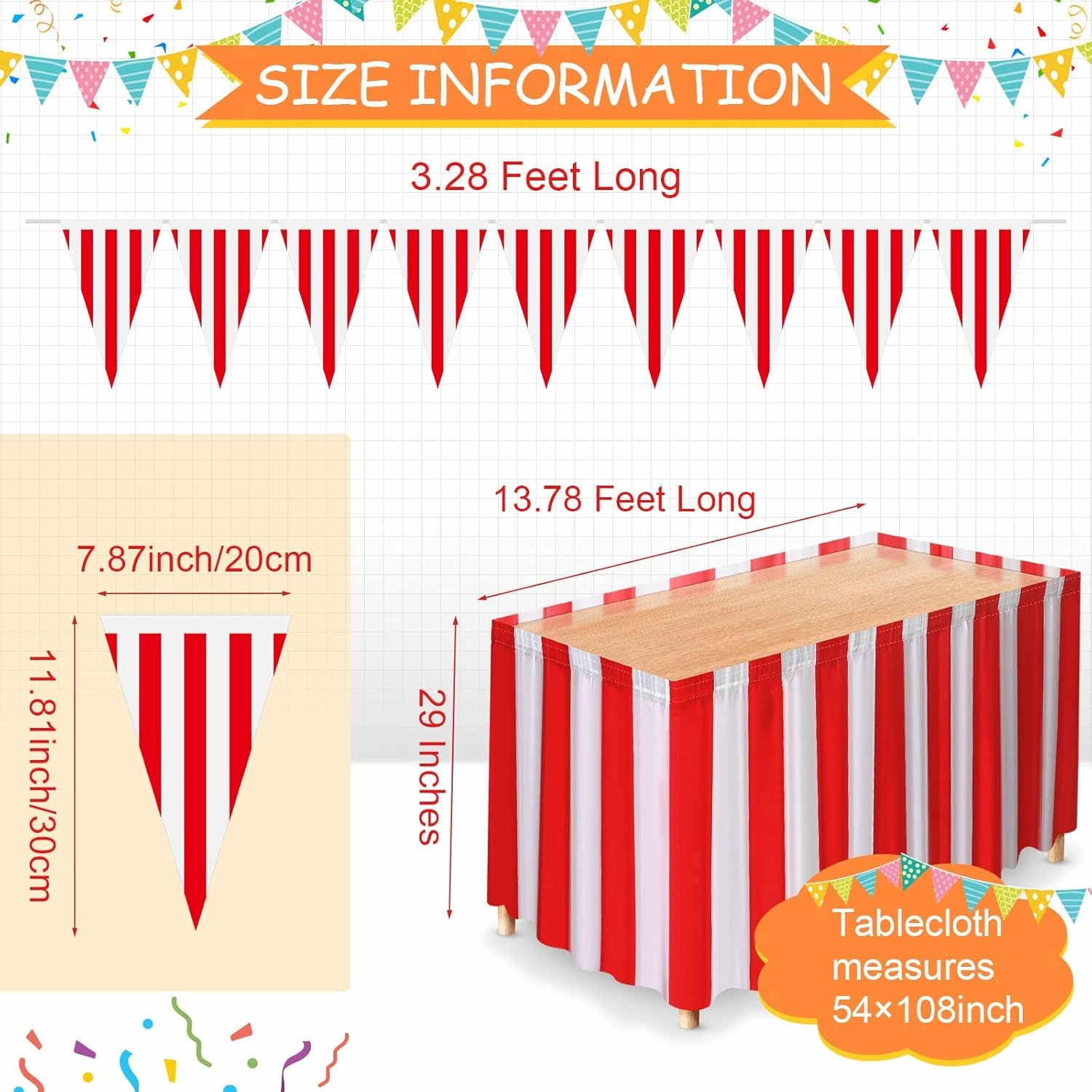 10 Pieces Carnival Theme Party Decors Carnival Table Skirts Circus Theme Tablecloths Red White Striped Pennant Banners Circus Bunting Banners Decors