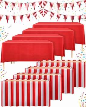 10 Pieces Carnival Theme Party Decors Carnival Table Skirts Circus Theme Tablecloths Red White Striped Pennant Banners Circus Bunting Banners Decors