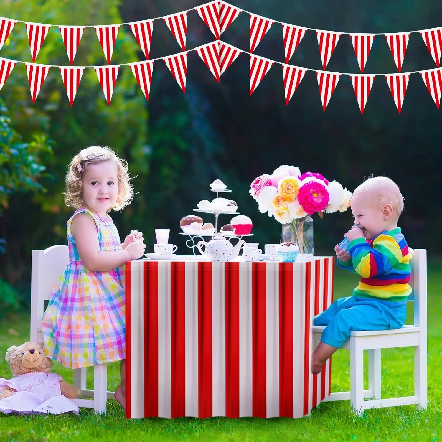 10 Pieces Carnival Theme Party Decors Carnival Table Skirts Circus Theme Tablecloths Red White Striped Pennant Banners Circus Bunting Banners Decors