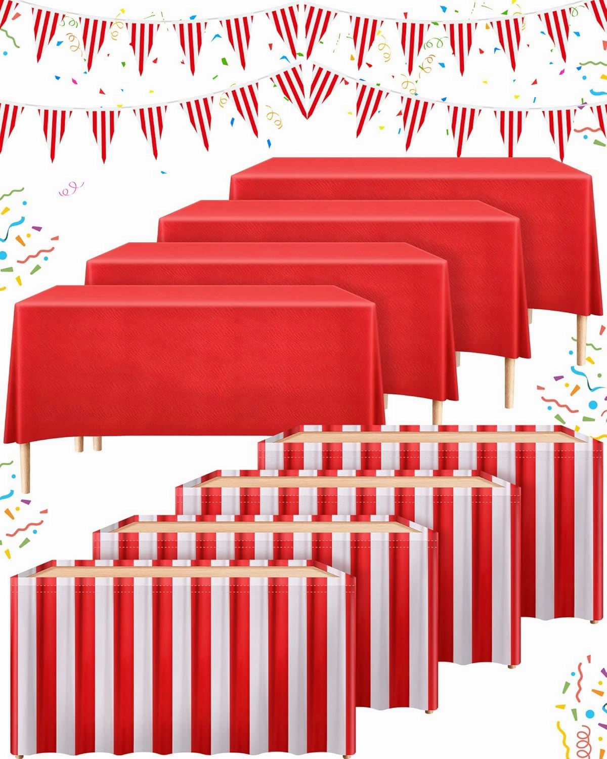 10 Pieces Carnival Theme Party Decors Carnival Table Skirts Circus Theme Tablecloths Red White Striped Pennant Banners Circus Bunting Banners Decors