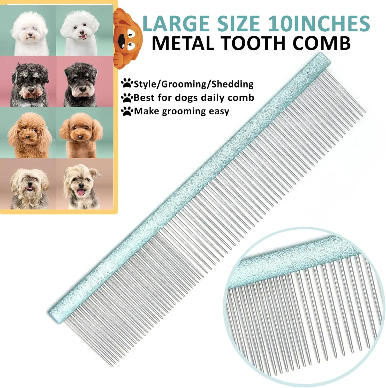 10inches Large Dog Metal Grooming Comb for Shedding Matted Hair for Large Dogs Metal Dog Comb with Long Wide Tooth for Poodles and Goldendoodles Reduce Tangles,Mats and Knots.(Blue)