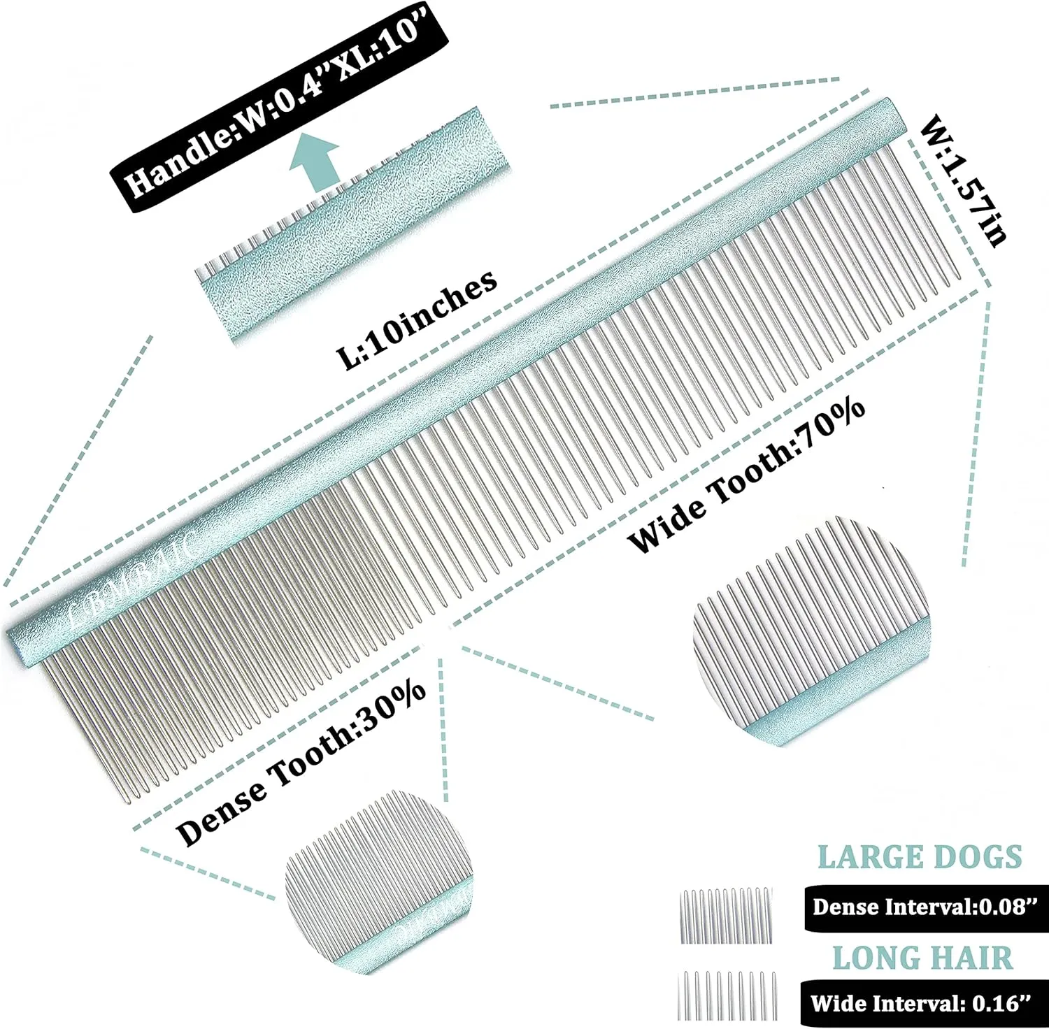 10inches Large Dog Metal Grooming Comb for Shedding Matted Hair for Large Dogs Metal Dog Comb with Long Wide Tooth for Poodles and Goldendoodles Reduce Tangles,Mats and Knots.(Blue)