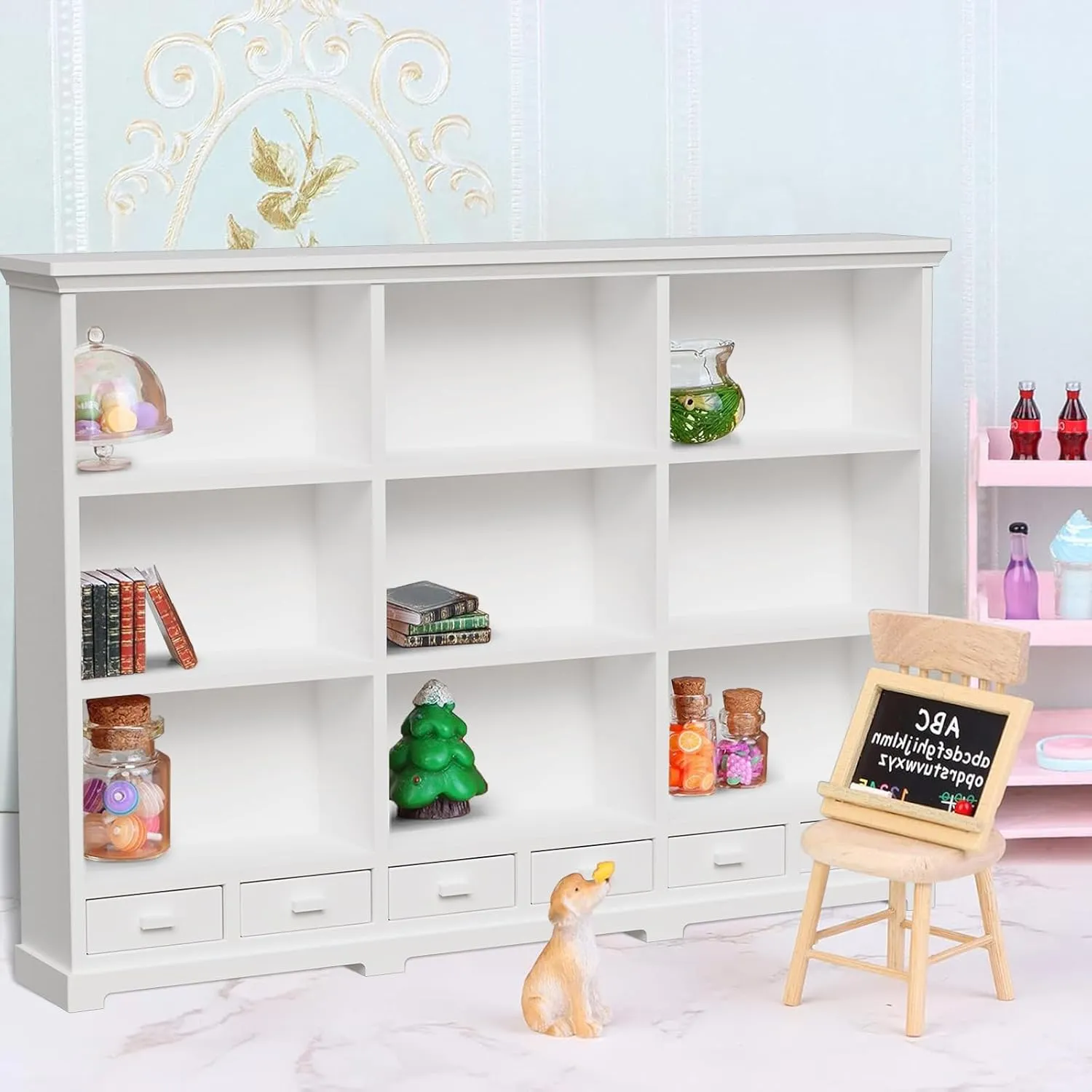 1:12 Scale Dollhouse Bookshelf, Multi-Functional Dollhouse Book Shelf for Displaying Mini Books and Accessories, Great Addition to Your Dollhouse Furniture Collection
