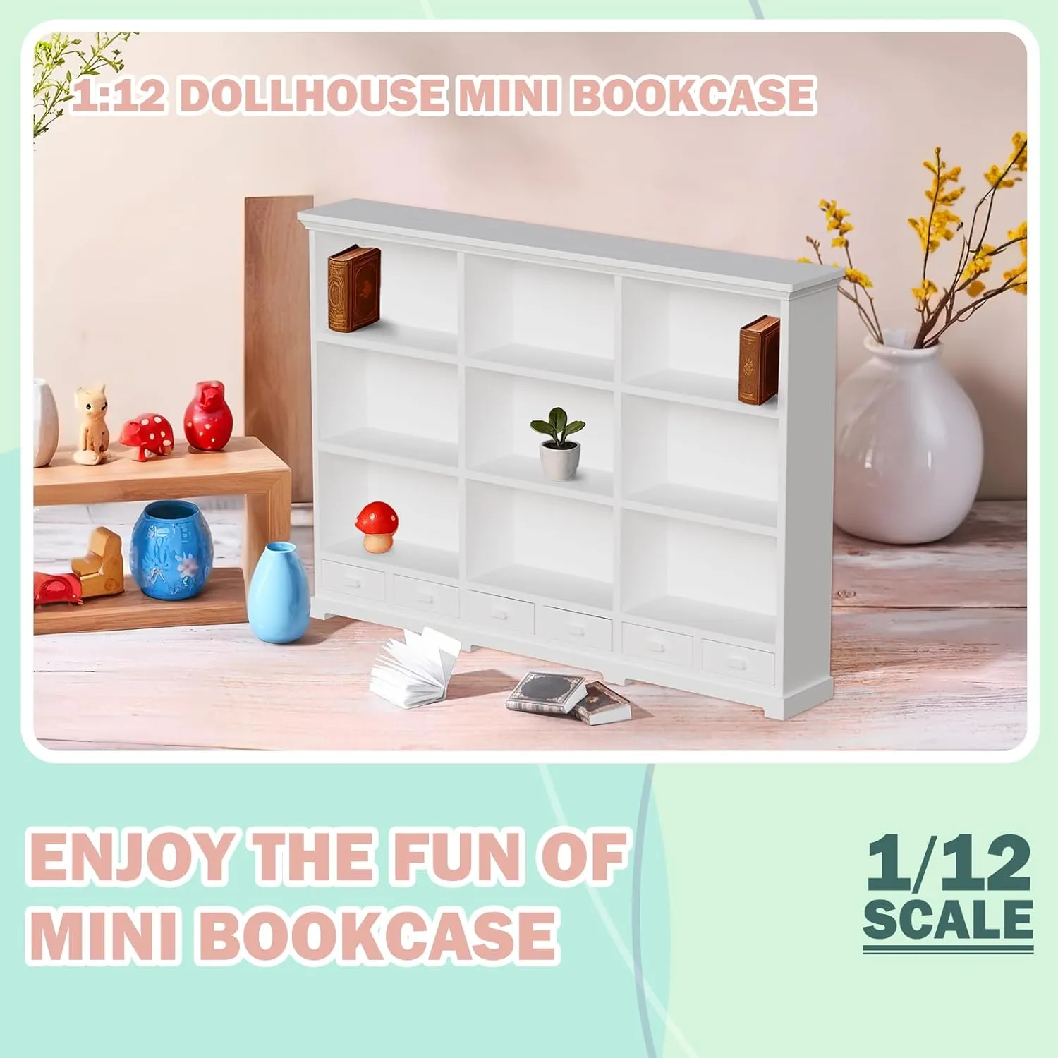 1:12 Scale Dollhouse Bookshelf, Multi-Functional Dollhouse Book Shelf for Displaying Mini Books and Accessories, Great Addition to Your Dollhouse Furniture Collection