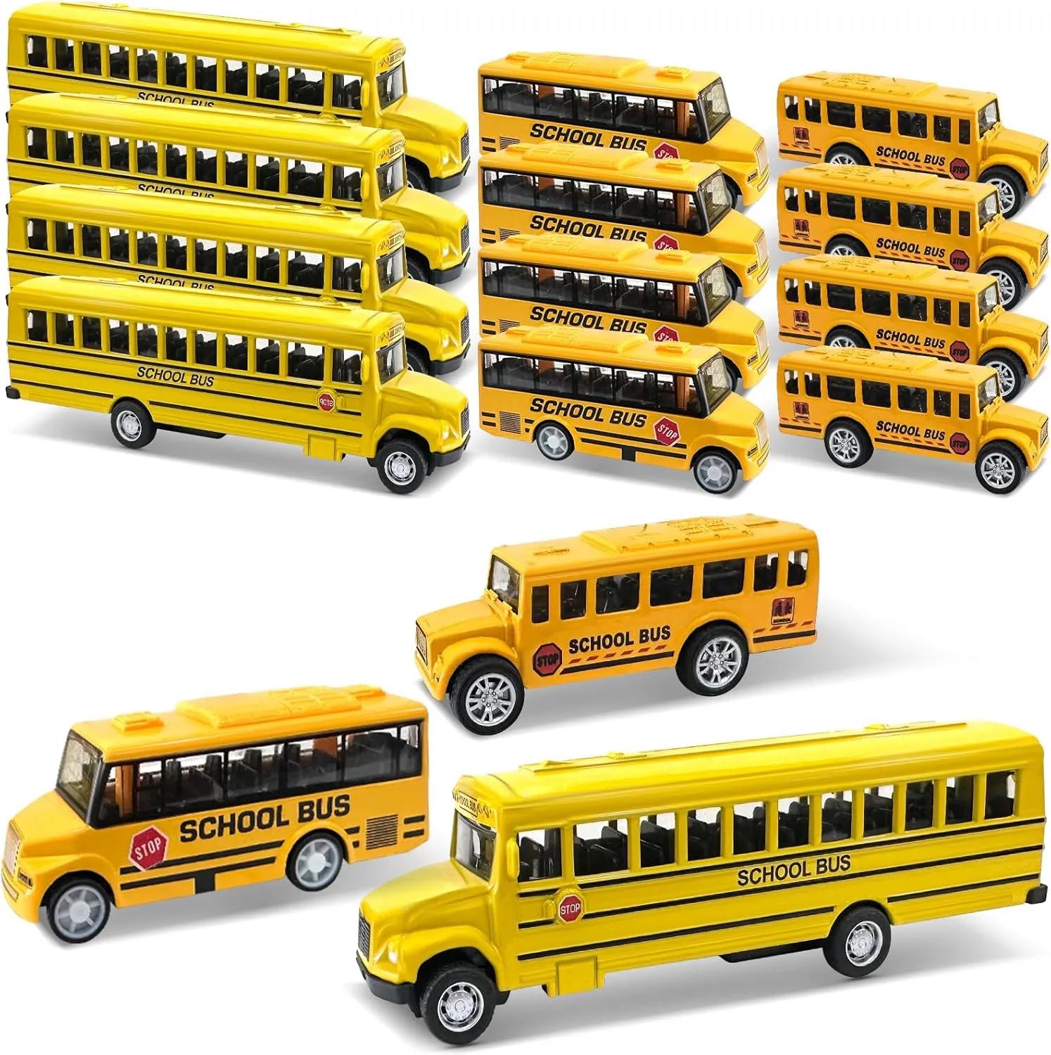 12 Pack School Bus Toys Pull Back School Bus Playset Die-cast Metal Toy Vehicles with Bright Yellow for Boys Girls Kids Toddlers (3 Styles)