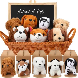 12 Pcs Mini Plush Stuffed Animals Dog Set Puppy Stuffed Animals with 12 Kraft Paper Boxes Bamboo Basket Wooden Chalkboard Signs Chalk Marker for Animal Adopt a Pet Theme Birthday Party Gift