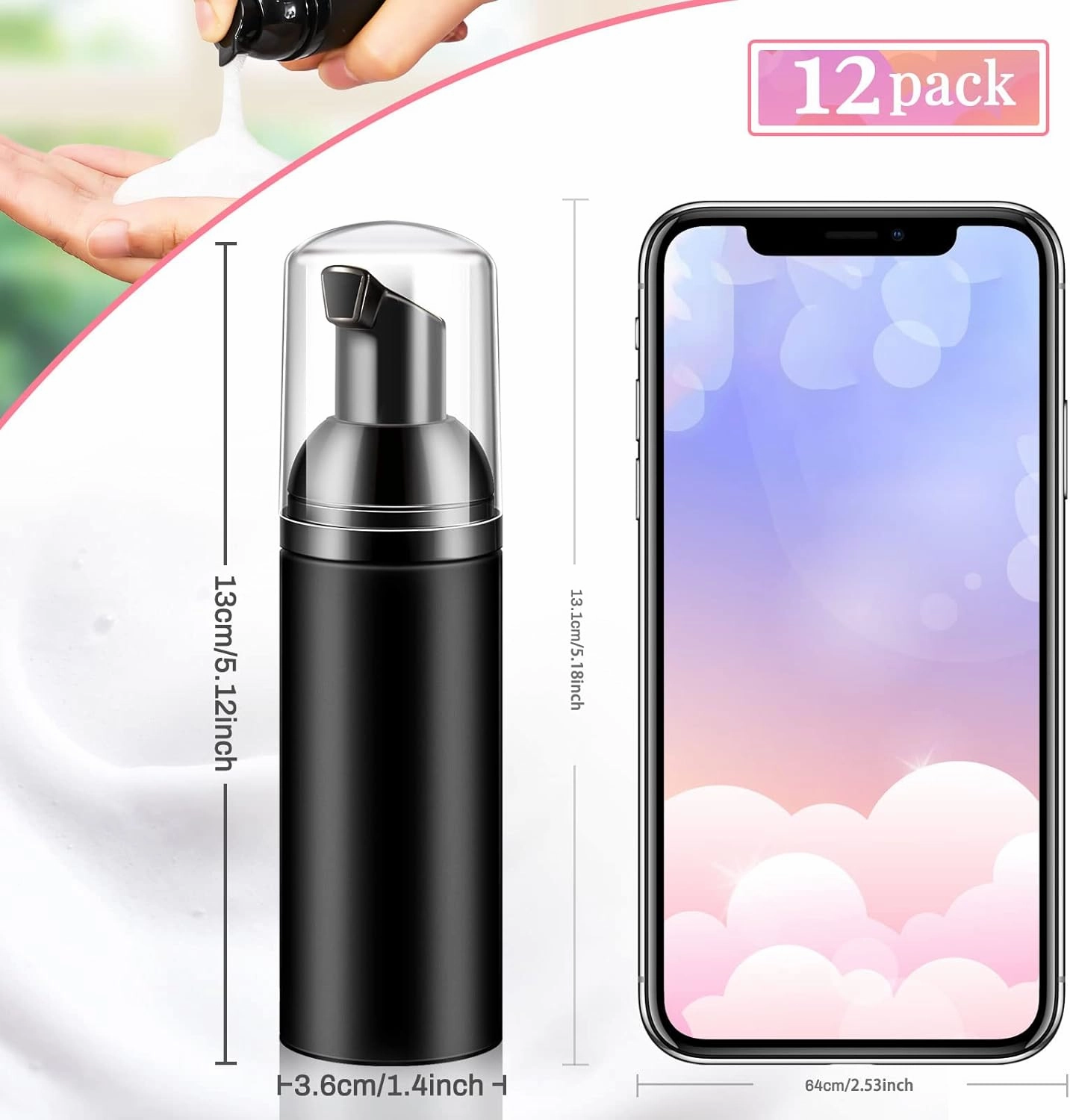 12 Pieces 2 oz/ 60 ml Travel Foaming Pump Bottles Soap Foam Pump Bottle Plastic Foam Dispenser Bottle Empty Soap Pump Bottle Empty Plastic Pump Bottles for Shampoo Soap Cleanser (Black)