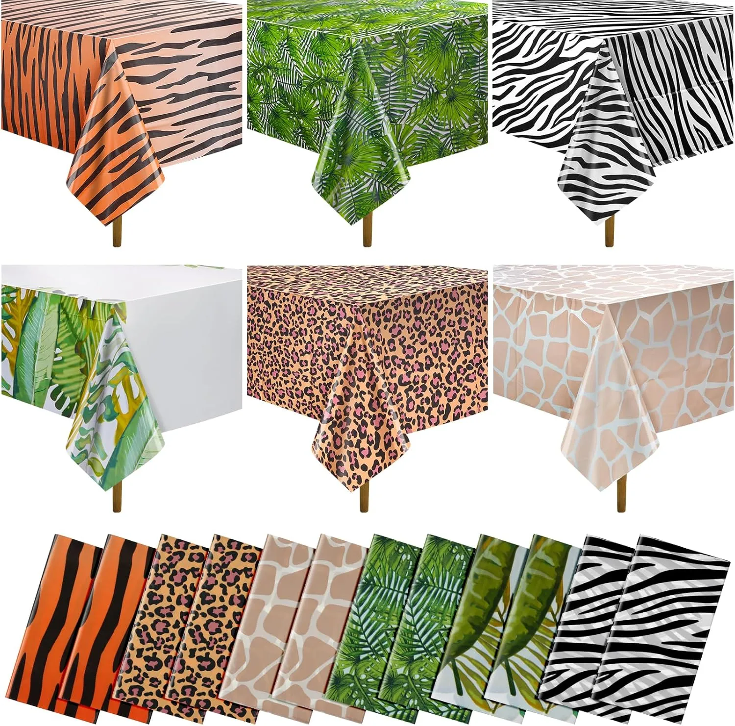 12Pack Animal Safari Tablecloth Jungle Animal Zoo Theme Party Table Cloth Leopard Tiger Zebra Giraffe Palm Leaf Print Table Cover for Jungle Safari Birthday Baby Shower Party Decorations (Six Styles)