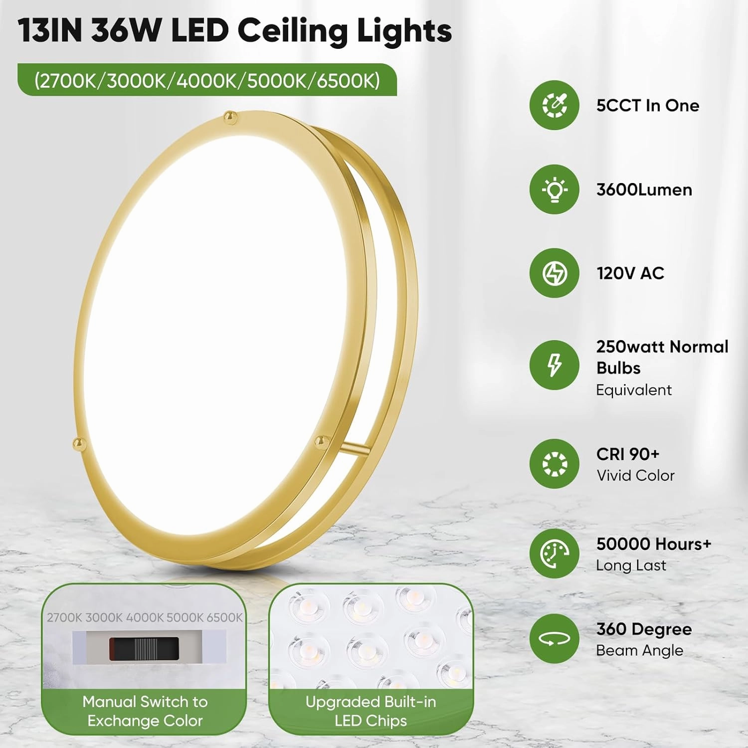13 Inch Flush Mount Light Fixtures, 2-Pack Gold LED Ceiling Lights with 2700K/3000K/4000K/5000K/6500K 5 Color Temperatures, Modern Round LED Lights for Kitchen Bedroom Bathroom Living Room Closet
