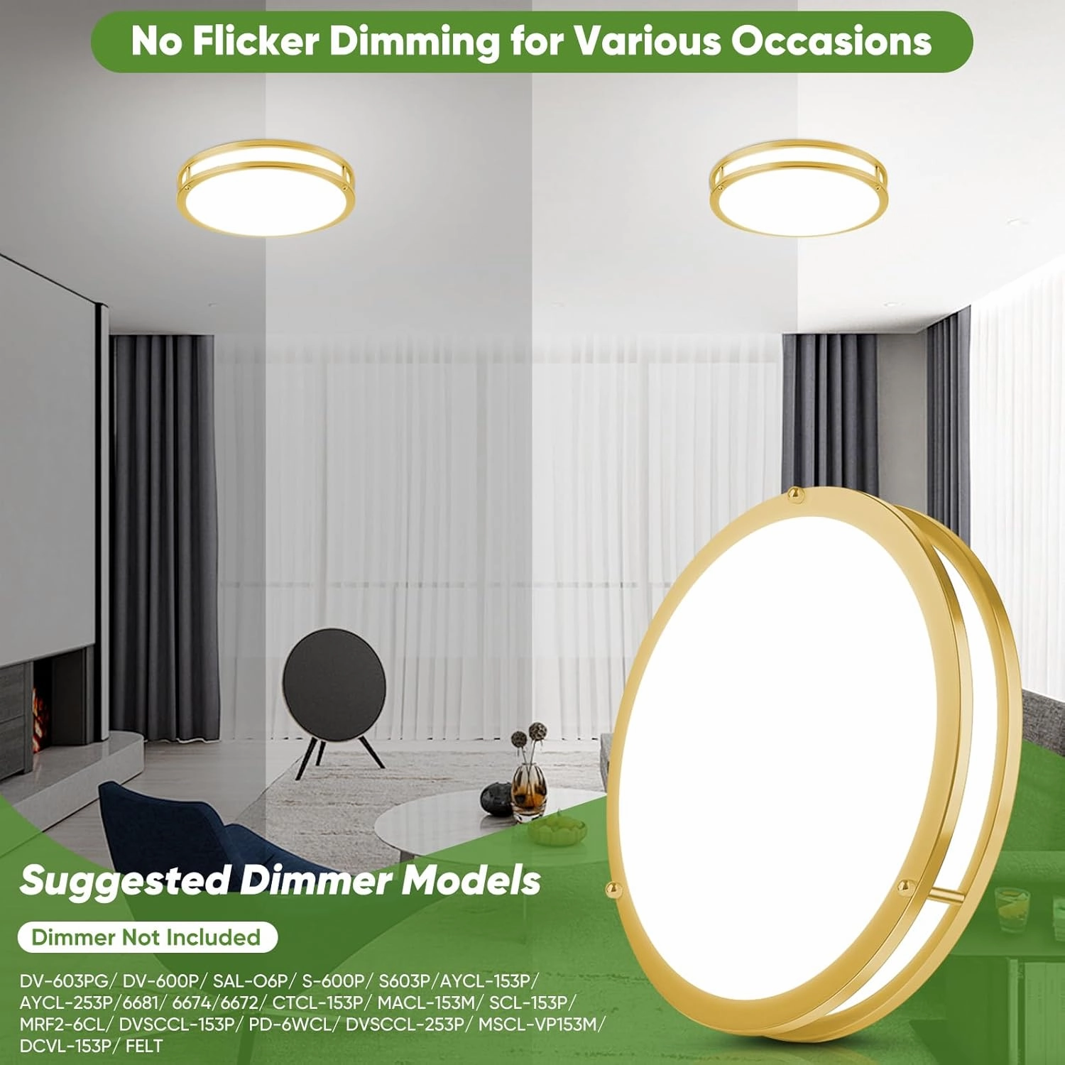 13 Inch Flush Mount Light Fixtures, 2-Pack Gold LED Ceiling Lights with 2700K/3000K/4000K/5000K/6500K 5 Color Temperatures, Modern Round LED Lights for Kitchen Bedroom Bathroom Living Room Closet