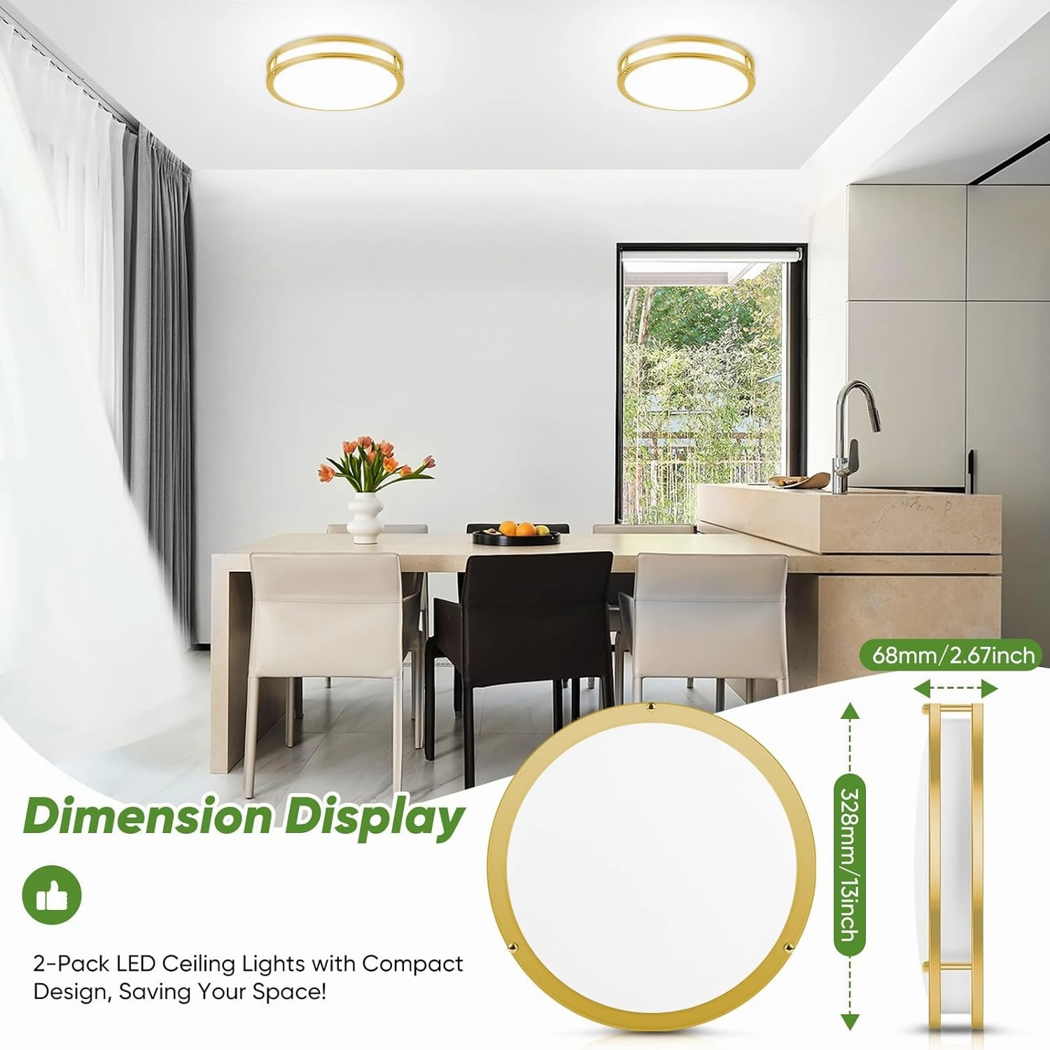 13 Inch Flush Mount Light Fixtures, 2-Pack Gold LED Ceiling Lights with 2700K/3000K/4000K/5000K/6500K 5 Color Temperatures, Modern Round LED Lights for Kitchen Bedroom Bathroom Living Room Closet