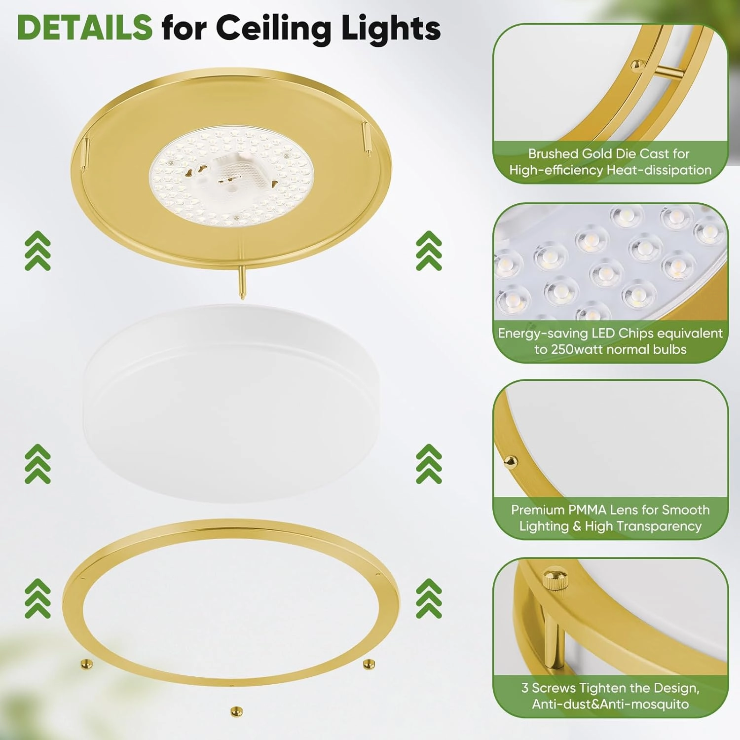 13 Inch Flush Mount Light Fixtures, 2-Pack Gold LED Ceiling Lights with 2700K/3000K/4000K/5000K/6500K 5 Color Temperatures, Modern Round LED Lights for Kitchen Bedroom Bathroom Living Room Closet