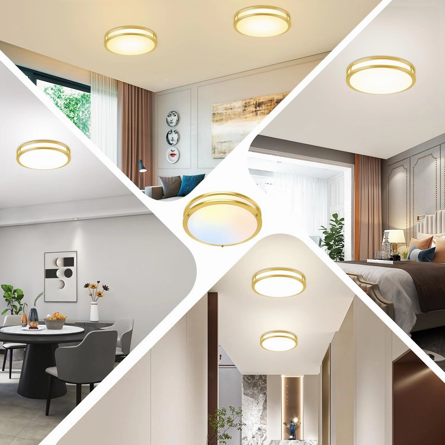 13 Inch Flush Mount Light Fixtures, 2-Pack Gold LED Ceiling Lights with 2700K/3000K/4000K/5000K/6500K 5 Color Temperatures, Modern Round LED Lights for Kitchen Bedroom Bathroom Living Room Closet