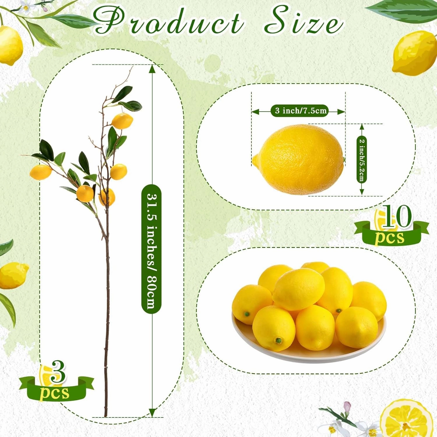 13 Pcs Faux Fruit Decoration Set Includes 3 Pcs 31.5 Inch Artificial Lemon Branch 10 Pcs 3 x 2 Inch Faux Yellow Lemon 5 Head Fake Fruit with Stem for Home Photography Prop Kitchen