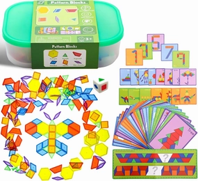 140 Pcs Translucent Pattern Blocks,Geometric Shapes,Translucent Toys,Light Table Accessories and Manipulatives,Includes 46 Activity Cards