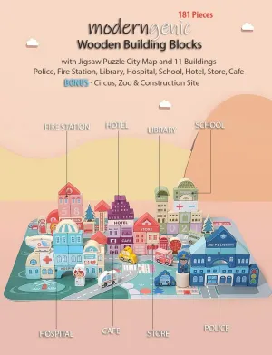181pcs 'Streetscape' Wooden Building Block Set for Toddlers, Jigsaw Puzzle City Map, 11 Buildings (3 Extra Bonus: Circus, Zoo & Construction Site), Preschool Learning Educational Toys