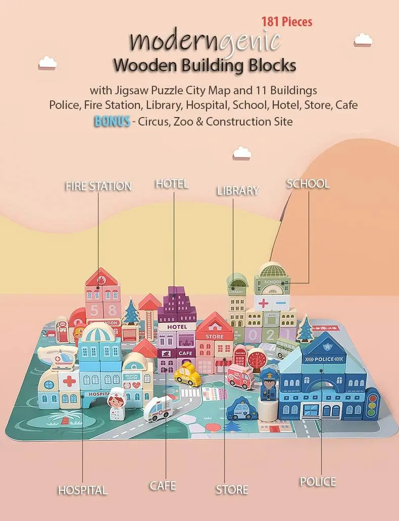 181pcs 'Streetscape' Wooden Building Block Set for Toddlers, Jigsaw Puzzle City Map, 11 Buildings (3 Extra Bonus: Circus, Zoo & Construction Site), Preschool Learning Educational Toys