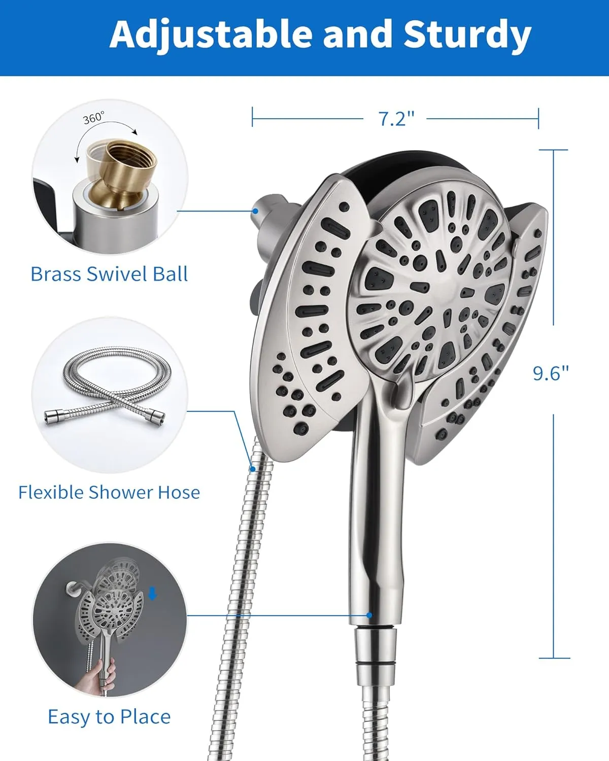 2-in-1 Shower Head with Handheld Combo: Rainfall Shower Head & Detachable Shower Head Use Together or Alone, 9 Spray Settings Hand Held Shower Head with Hose Nickel, Shower Trim Systems