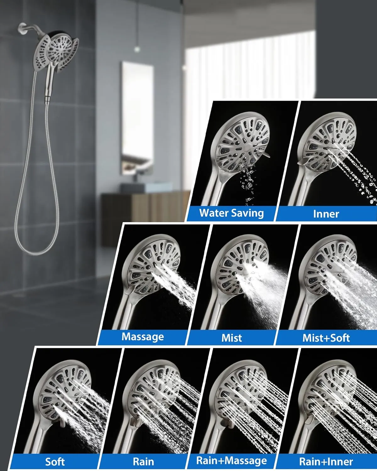 2-in-1 Shower Head with Handheld Combo: Rainfall Shower Head & Detachable Shower Head Use Together or Alone, 9 Spray Settings Hand Held Shower Head with Hose Nickel, Shower Trim Systems