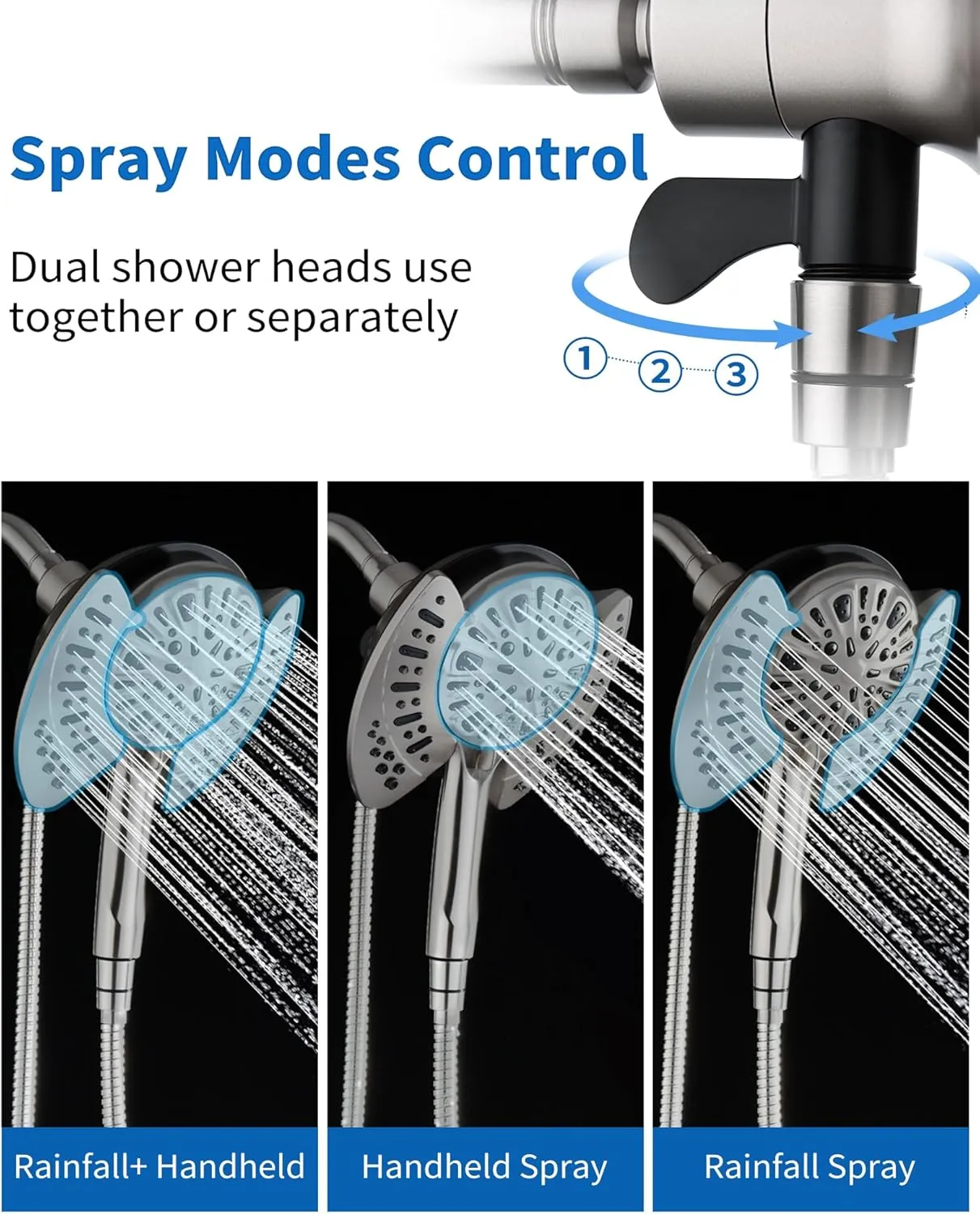 2-in-1 Shower Head with Handheld Combo: Rainfall Shower Head & Detachable Shower Head Use Together or Alone, 9 Spray Settings Hand Held Shower Head with Hose Nickel, Shower Trim Systems