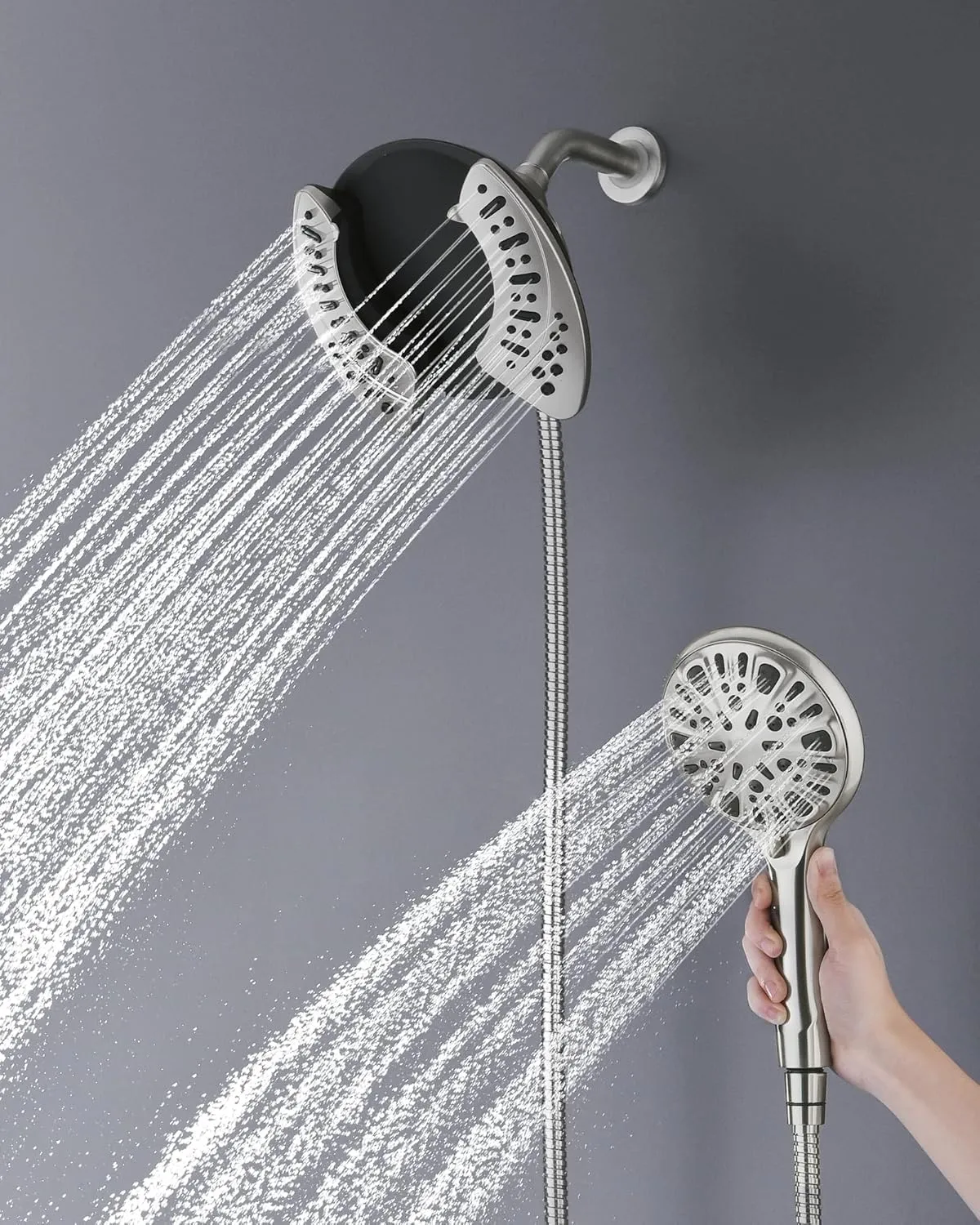 2-in-1 Shower Head with Handheld Combo: Rainfall Shower Head & Detachable Shower Head Use Together or Alone, 9 Spray Settings Hand Held Shower Head with Hose Nickel, Shower Trim Systems