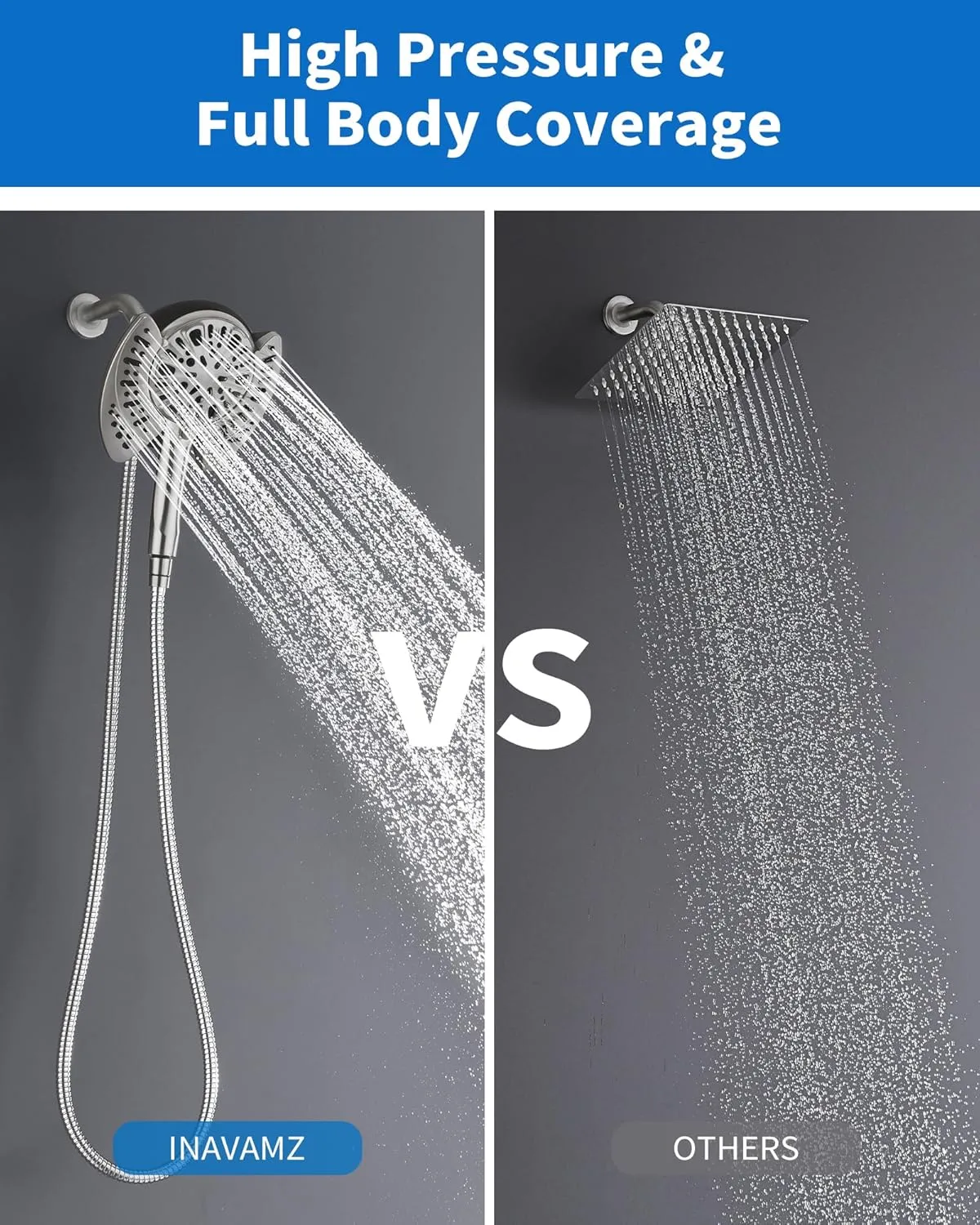 2-in-1 Shower Head with Handheld Combo: Rainfall Shower Head & Detachable Shower Head Use Together or Alone, 9 Spray Settings Hand Held Shower Head with Hose Nickel, Shower Trim Systems