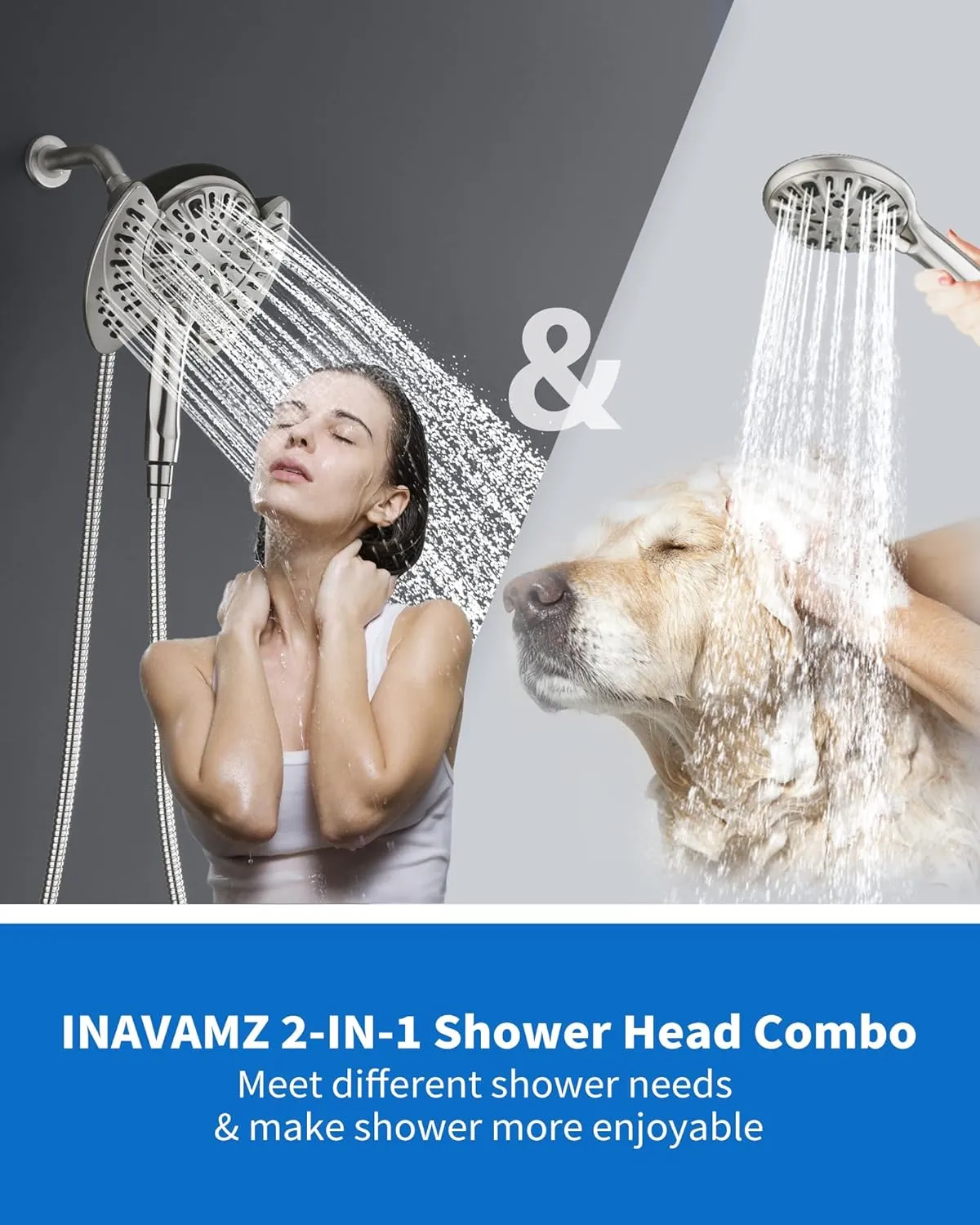 2-in-1 Shower Head with Handheld Combo: Rainfall Shower Head & Detachable Shower Head Use Together or Alone, 9 Spray Settings Hand Held Shower Head with Hose Nickel, Shower Trim Systems