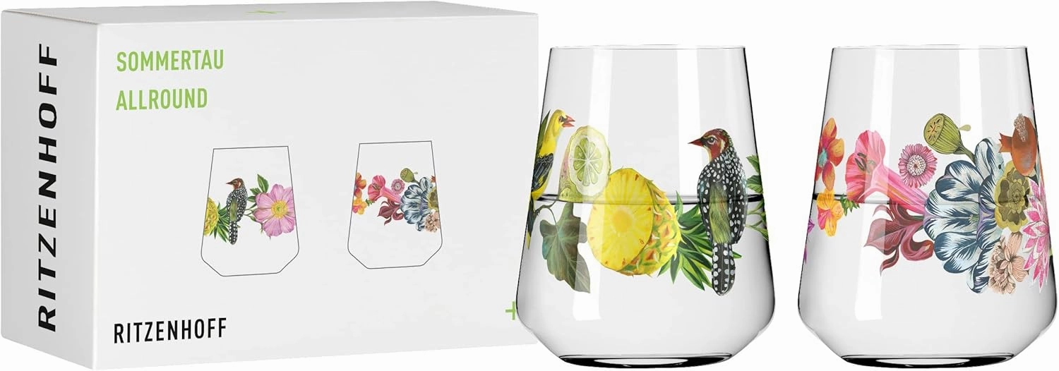 2932001 Universal Glass Set of 2, 500 ml, Sommertau Allround Series, Floral Style, Multi-Colour, Made in Germany